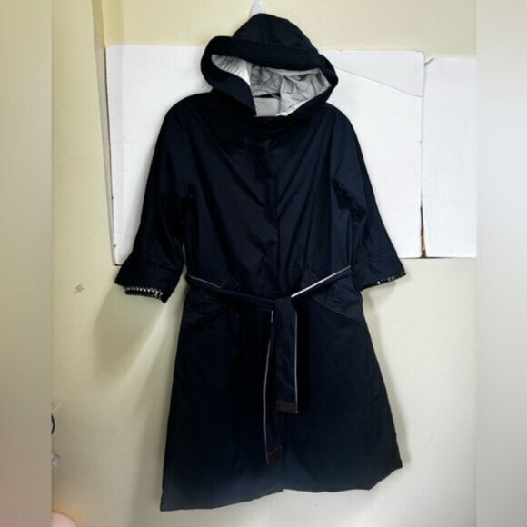 Max Mara S Reversible Trench Coat Hood Jewels  Pockets Water Repellent Jacket 4 - Picture 2 of 16